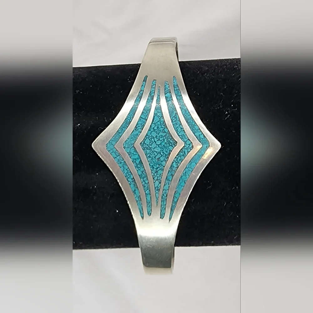 Vintage Sterling Silver Taxco Cuff Bracelet with turquoise inlay.
